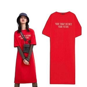 Red Crew Neck T-Shirt Dress with Short Sleeve Your Today Defines Your Future Med